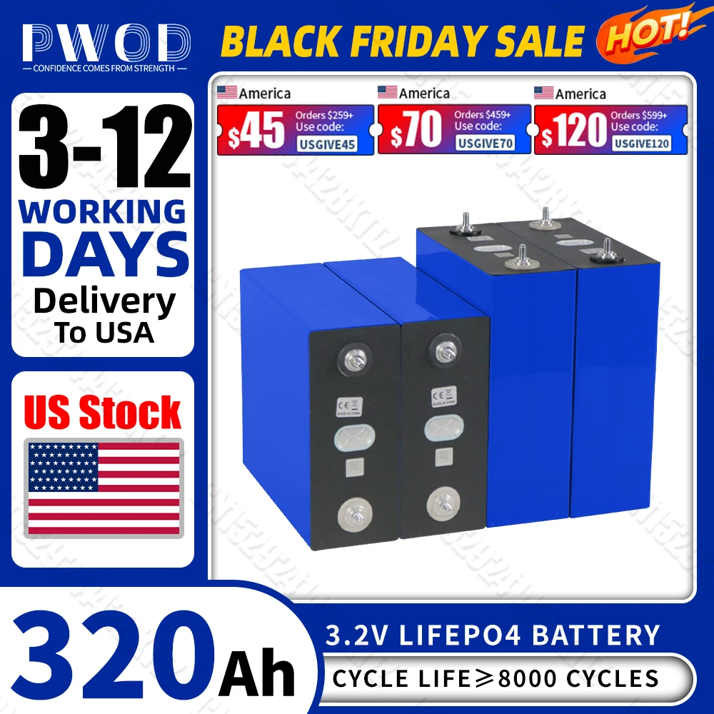 

3.2V Lifepo4 Battery 320AH US Stock 8000 Cycles Rechargeable Batteries DIY 12V 24V 48V RV EV Boat Golf Cart Yacht Van Cell Pack