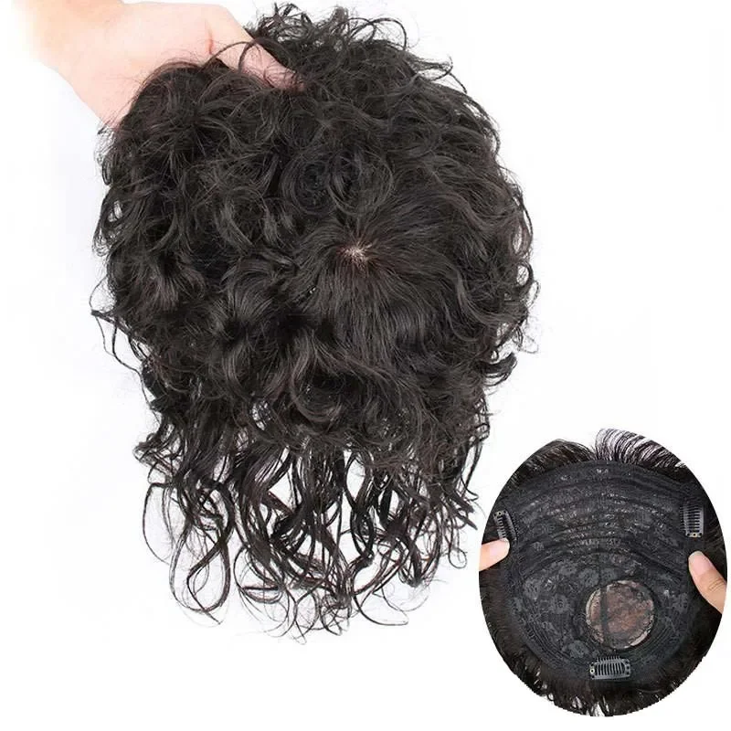 

10Inches Human Hair Women Curly Hair Piece For Ladies Hair Loss Volume Silk Top Women Topper Quickly Cover Gray Hair Two Colors