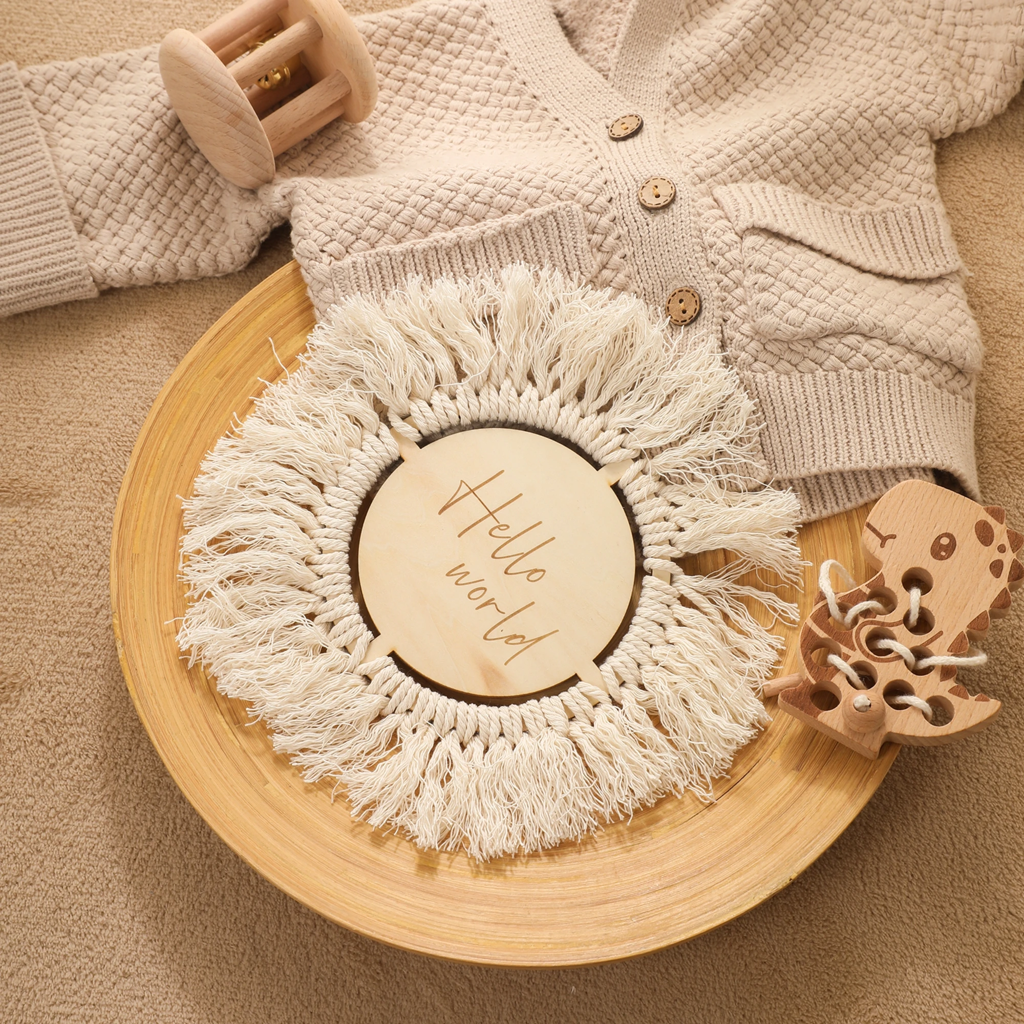 Wooden Baby Milestone Card Newborn Monthly Growth Tassel Cards Baby Birth Commemorative Cards Photography Props Accessories