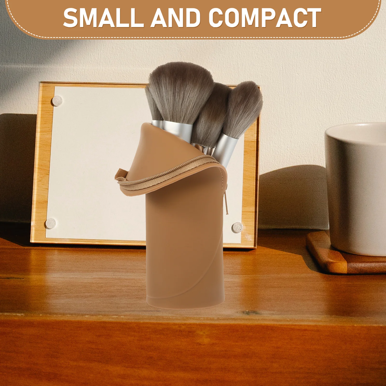 

Portable Brush Bag Travel Makeup Brush Holder Silicone Storage Pouch Compact Zipper Case Organizer Brown