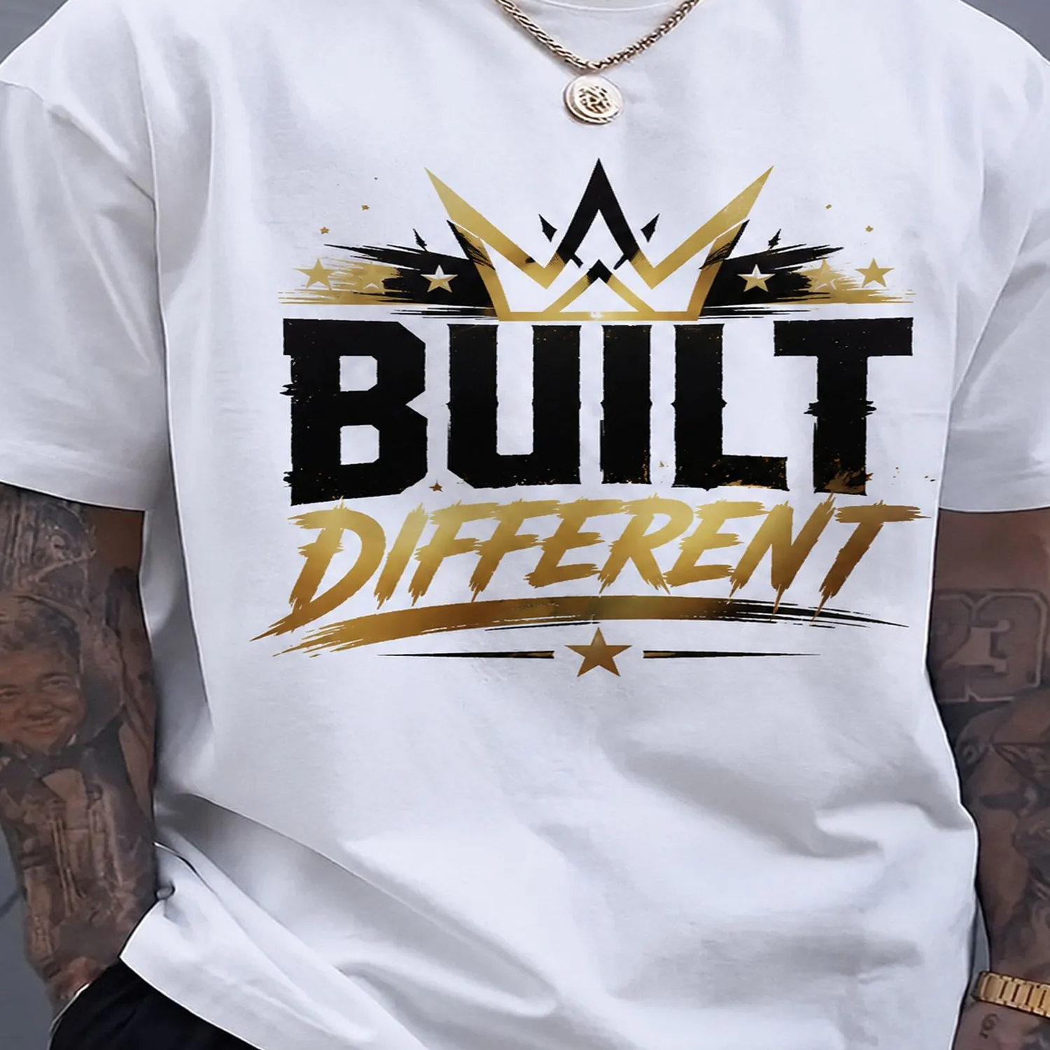 Men'S Short Sleeve T-Shirt, Bold Graphic Tee with 'Built Different' Print, Crown and Star Design, Distressed Text and Brushstroke Lettering, Streetwear Style, Casual Top for Everyday Wear lightweight tshirt, unisex t-shirt