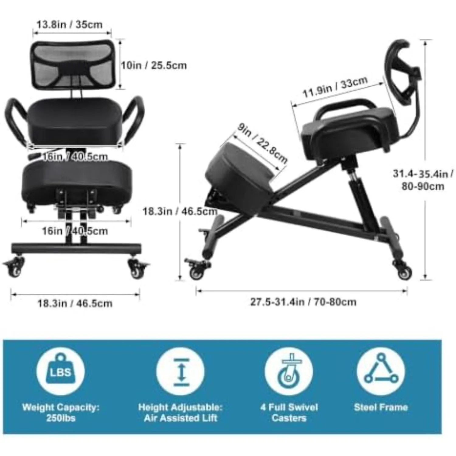 Ergonomic Kneeling Chair with Backrest & Lumbar Support | Adjustable Desk Chair with Wheels & Thick Cushion, Improve