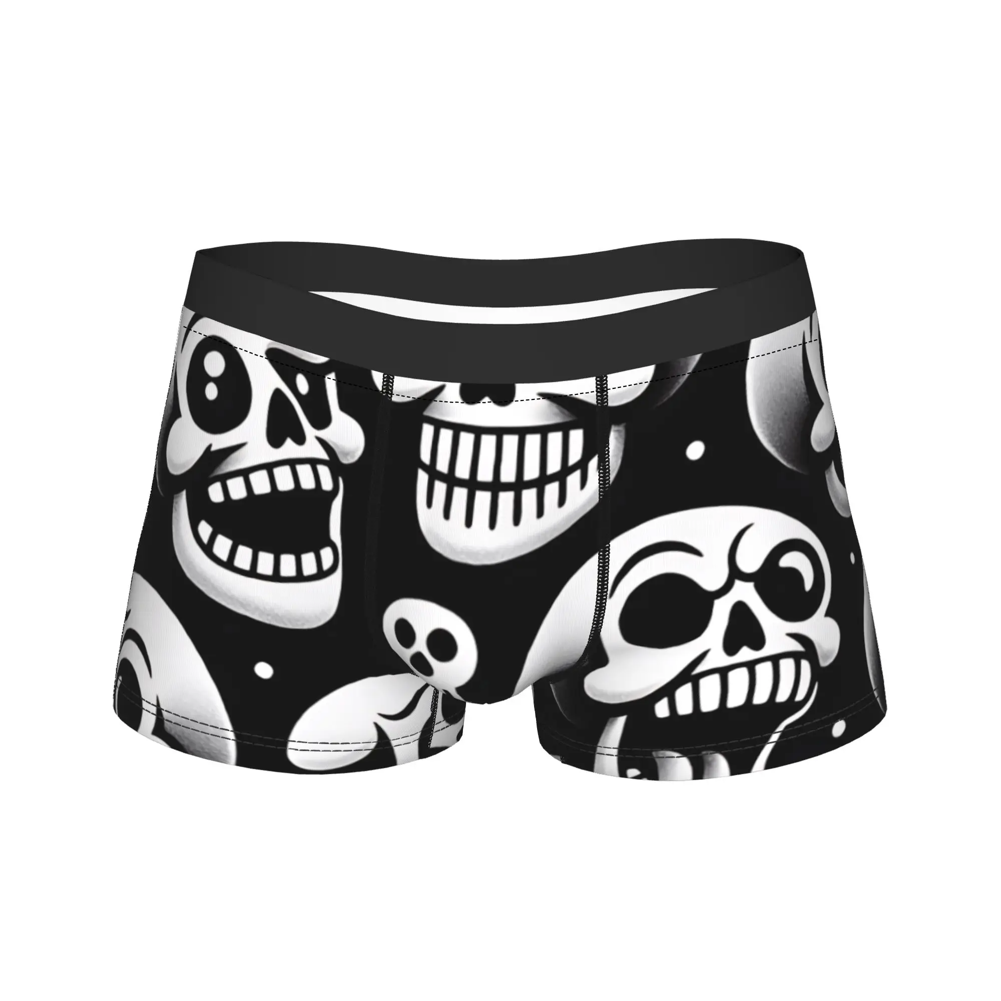 Cartoon Funny Expression Skulls Black Background Seamless Pattern Shorts Briefs  Underwear Men Elastic Trunk Oversize Underpants