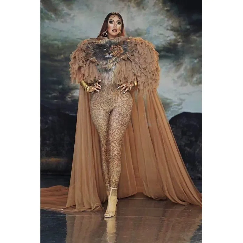 Lion King Print Jumpsuit Women Nightclub Bar Singer Dance Wear Fake Meat Pattern Atmosphere Trailing Romper Stage Performance