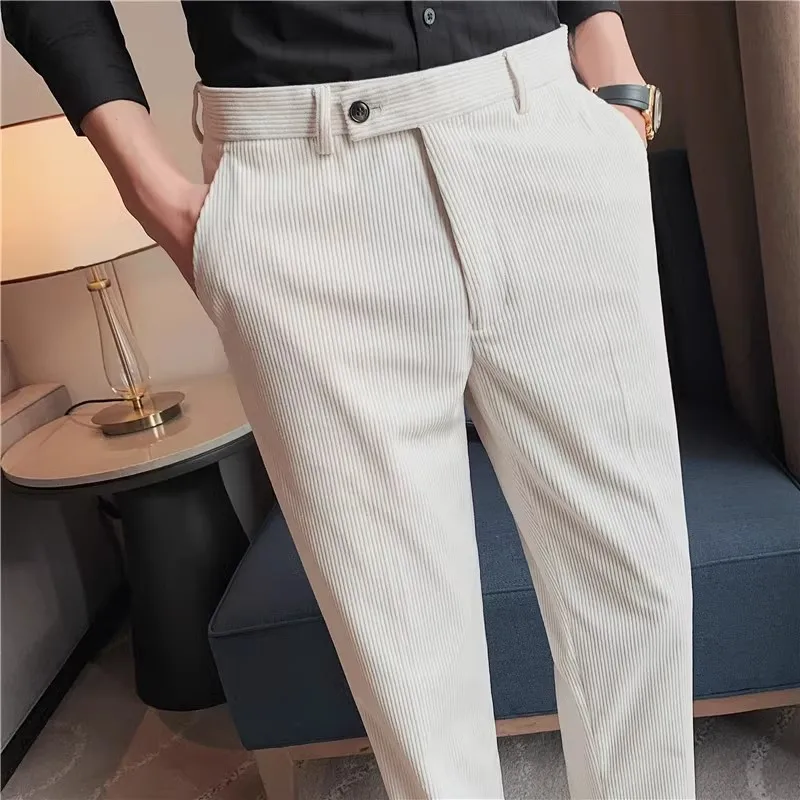 Autumn Winter Thick Corduroy Suit Pants Men Solid Color Slim Fit Korean Style Suit Trousers Mens Fashion Smart Casual Pants