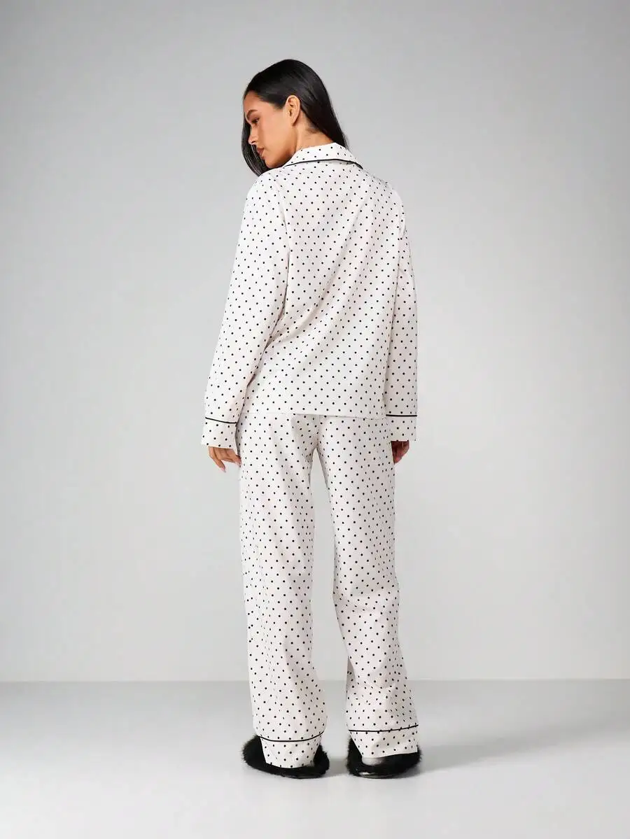 

Women Polka Dot Long Sleeve Button Up Pajama Set Sleepwear Lounge Wear