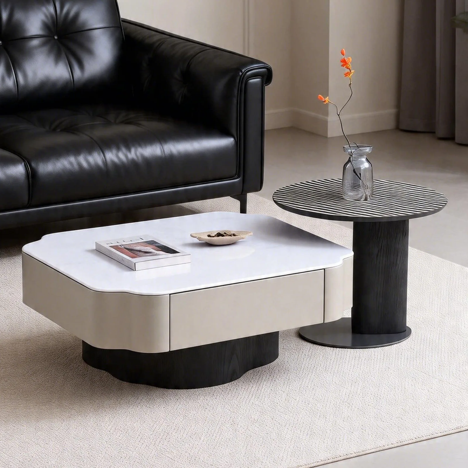 Long cabinet modern simple square microcrystalline stone coffee table size high and low combination living room