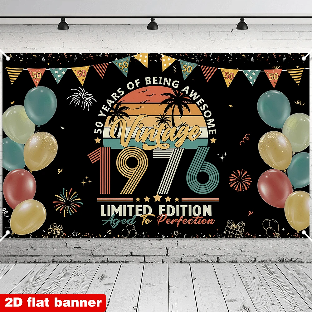 2D Flat 1Pc Retro 1976 50th Birthday Banner, Rainbow Theme Party Backdrop Decor Gifts for Him & Her
