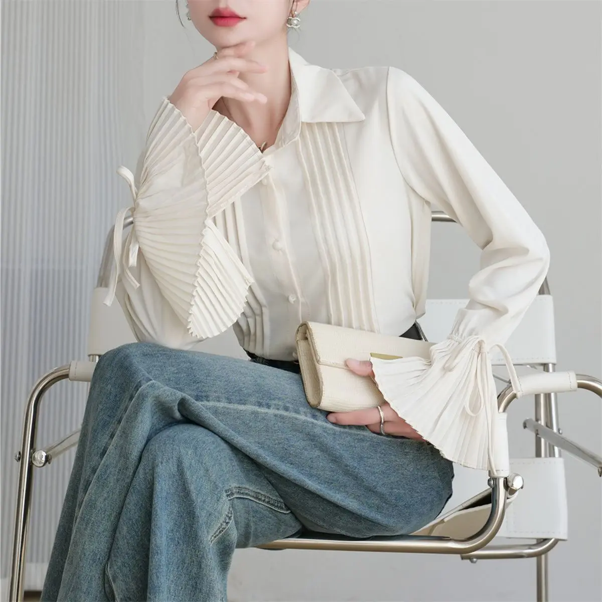 Korean Shirts Lapel Bell Sleeves Ruffled Sleeves Women Sweet Cute Underlay 2024 Spring Simple Commuting  Fashion Basic Top New