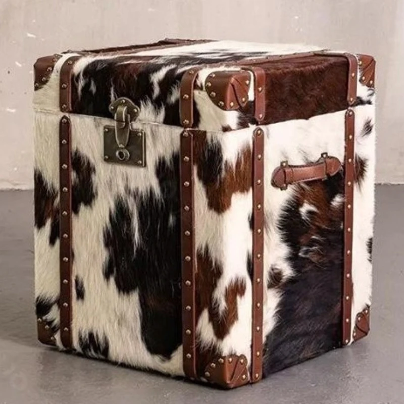 Medieval milk cowhide bedside table American retro leather box decoration storage cabinet villa room side few ideas