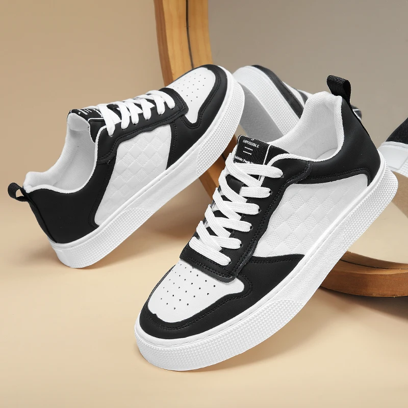 

Big Size Men's White Checkered Platform Sneakers Wide Toe Box Casual Leather Shoes for Wide Feet