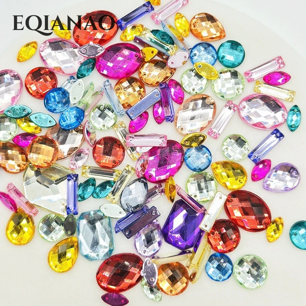 EQIANAO 100Pcs Mixed Color Sew‑On Rhinestones Multi Shape Acrylic Crystal Silver Claws DIY Clothes Shoes Bags Craft Decoration