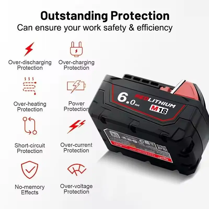 بطارية ليثيوم أيون ميلووكي M18 18 فولت أصلية قابلة لإعادة الشحن M18B6 6000 مللي أمبير في الساعة، مع ملصق مضاد للتزييف، بطارية أداة ميلووكي