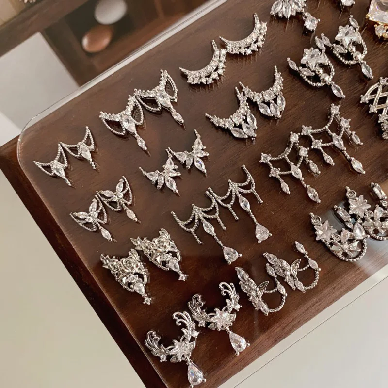 Nail Charms Micro Paved Full Zircon Color Retaining French Style Curved Silver 5 pieces/lot Luxury Nail Art Decorations