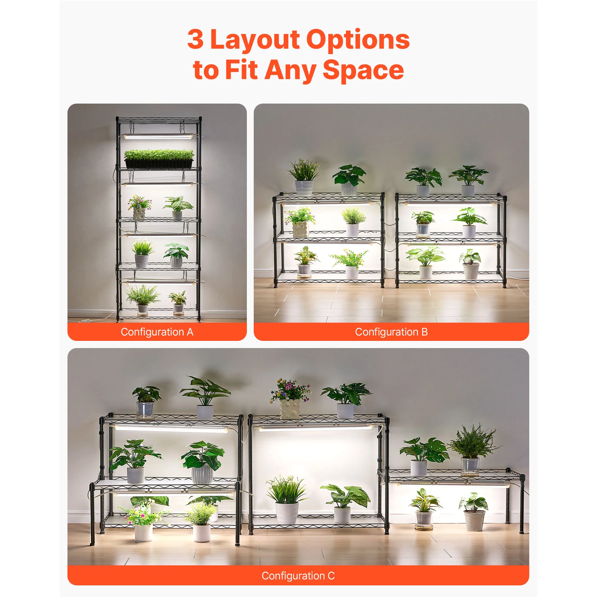 VEVOR DIY Plant Shelf with Grow Lights Indoor Plant Stand Heavy Duty Plants Display Rack Flower Pot Holder for Seed Starting