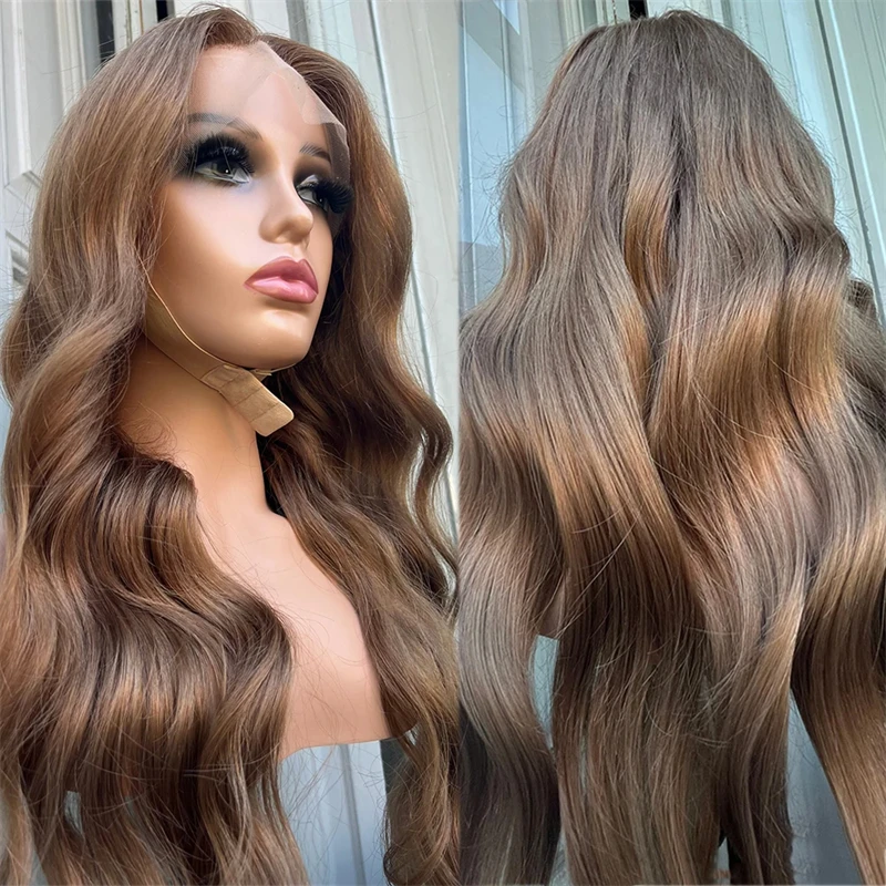 Body Wave Ash Blonde sorot renda sintetis Wig depan Wig berwarna coklat rambut tahan panas untuk penggunaan sehari-hari wanita telah ditanami