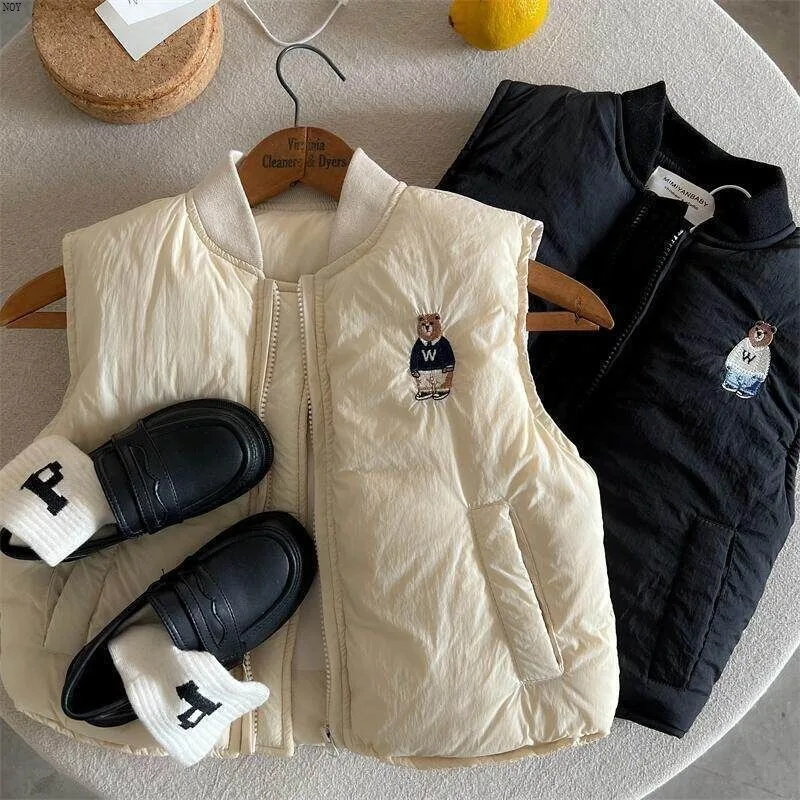 UNITIM Winter Children Boys Waistcoat Bear Embroidery Zipper 2-8Yrs Kids Boys Parkas Plus Velvet Warm Little Boys Snowwear Vest