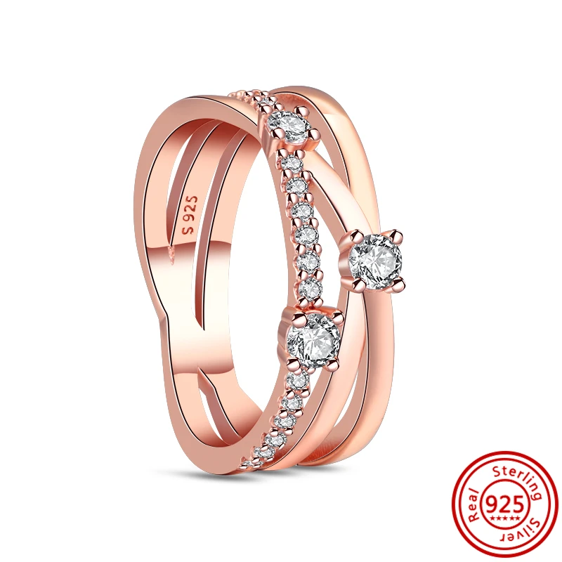 100% 925 Silver Women Rings Flower Princess Wishbone Pink Daisy Sparkling Row Eternity Heart Zircon Rings Europe Fine Jewelry