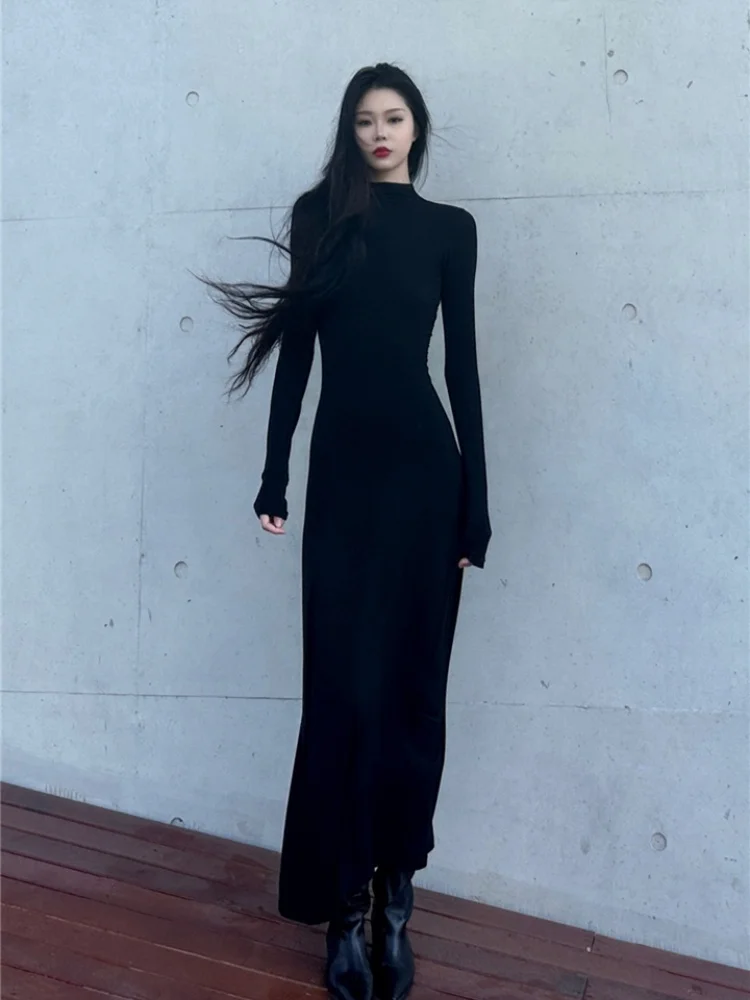 

Women Sexy Backless Dress 2026 Spring Black Mock Neck Backless Dress Women's Sexy Sli Fit Waist Tied Pencil Maxi Dress