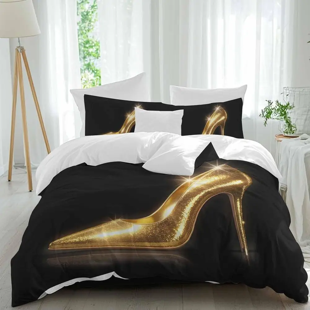 

Gold Heels Shoes Sheet Set, Abstract Art ern Black Background 4 Pieces Breathable Sot Duvet Cover Set Bedding Cozy Bed lat Sheet