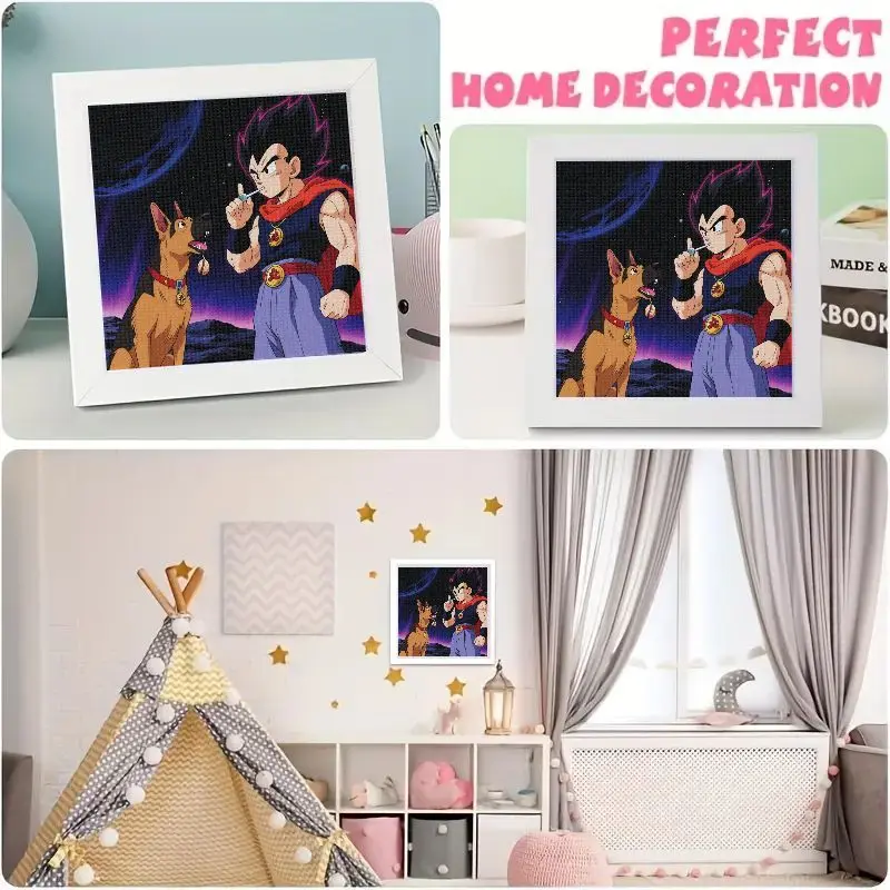 1PC DIY 5D Full Drill Diamond Painting Kit, Anime Dragon Ball Z Vegeta & German Shepherd Dog in Cosmic Scene, Rhinestone Embroid