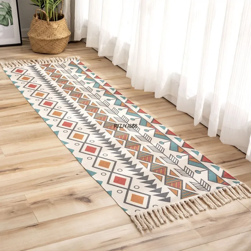 

Home Decor Room Carpet Cotton And Linen Knit tassel Rug Decoration print Carpet in the bedroom Anti-slip doormat Living Room