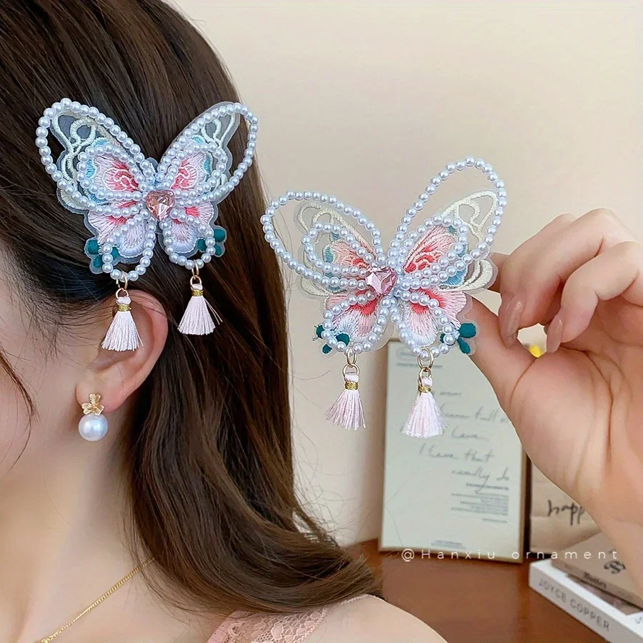 Kinderzubehör Schmetterling Perle Fransen Haarspange Seitlicher Pony Clip Entenmund Clip Haarschmuck Haarnadeln und Clips
