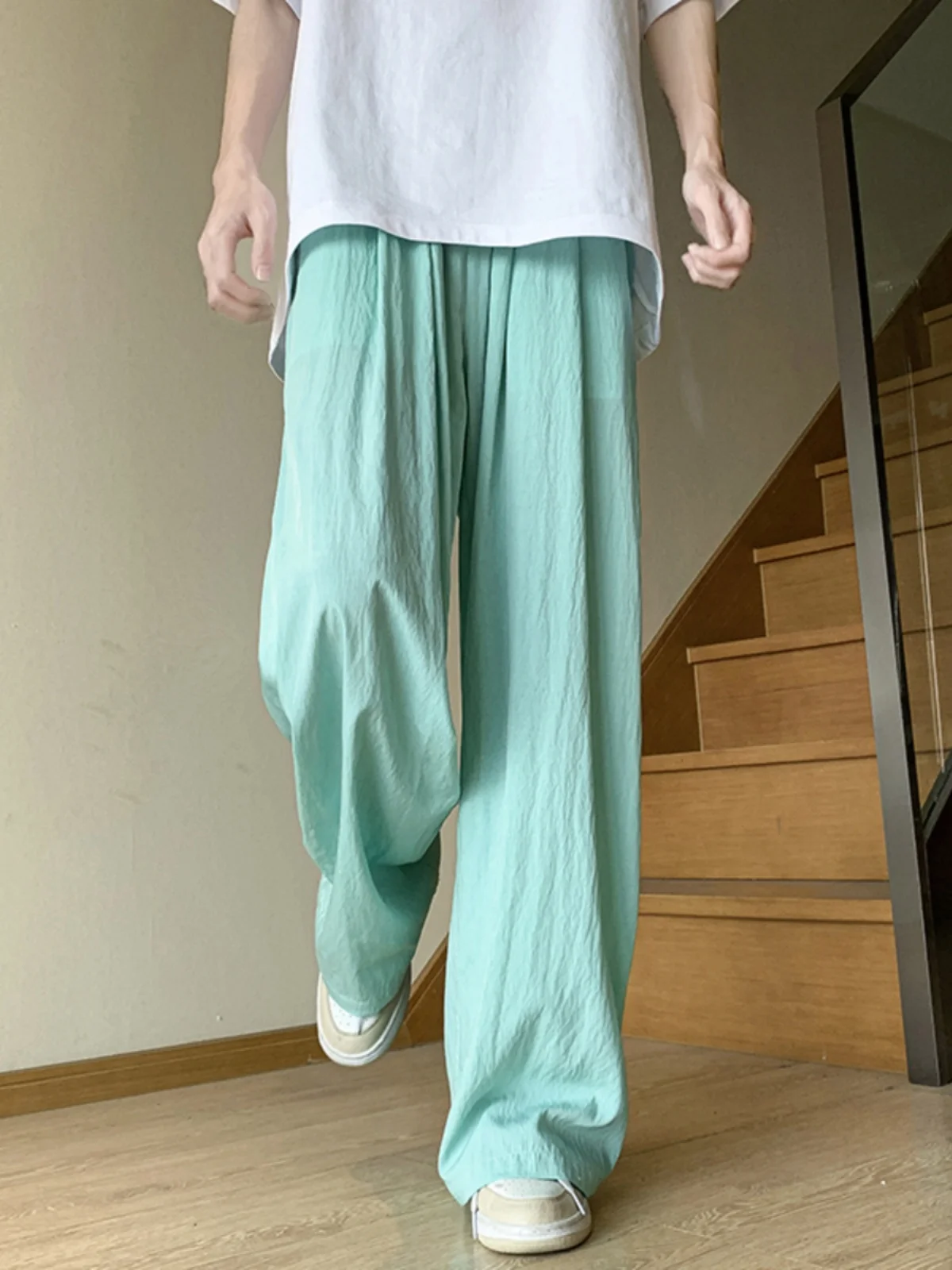 

Lake Blue Ice Silk Thin Men's Summer Dopaamine Wide Leg Straight Tube Pants Casual Loose Fit Long Trousers Cool Feeling