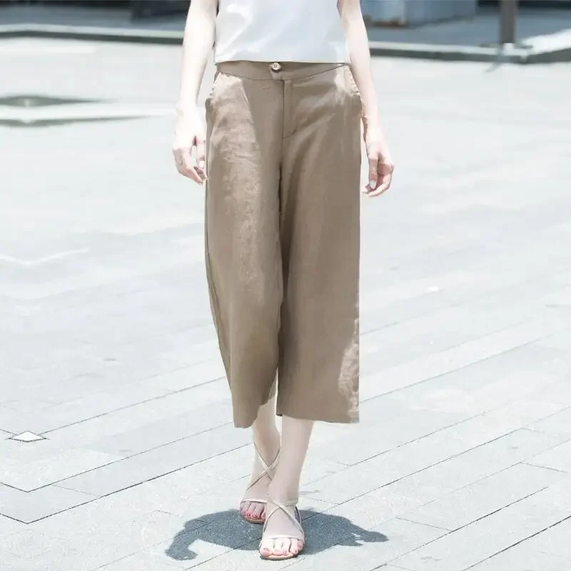 Calf-length Pants Button Pockets Zippers Women's Clothing Thin Loose Wide Leg Solid Color Casual Elegant Straight Simple Z460