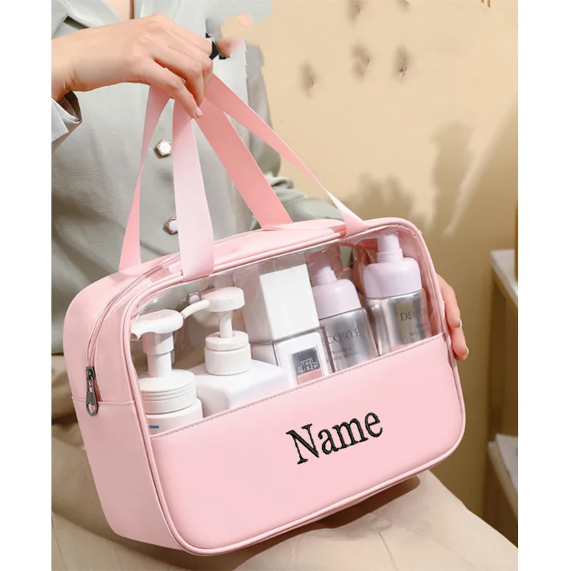 Personalized Embroidery Stitching Cosmetic Bag PVC Translucent Large-Capacity Bath Bag PU Waterproof Portable Travel Storage Bag