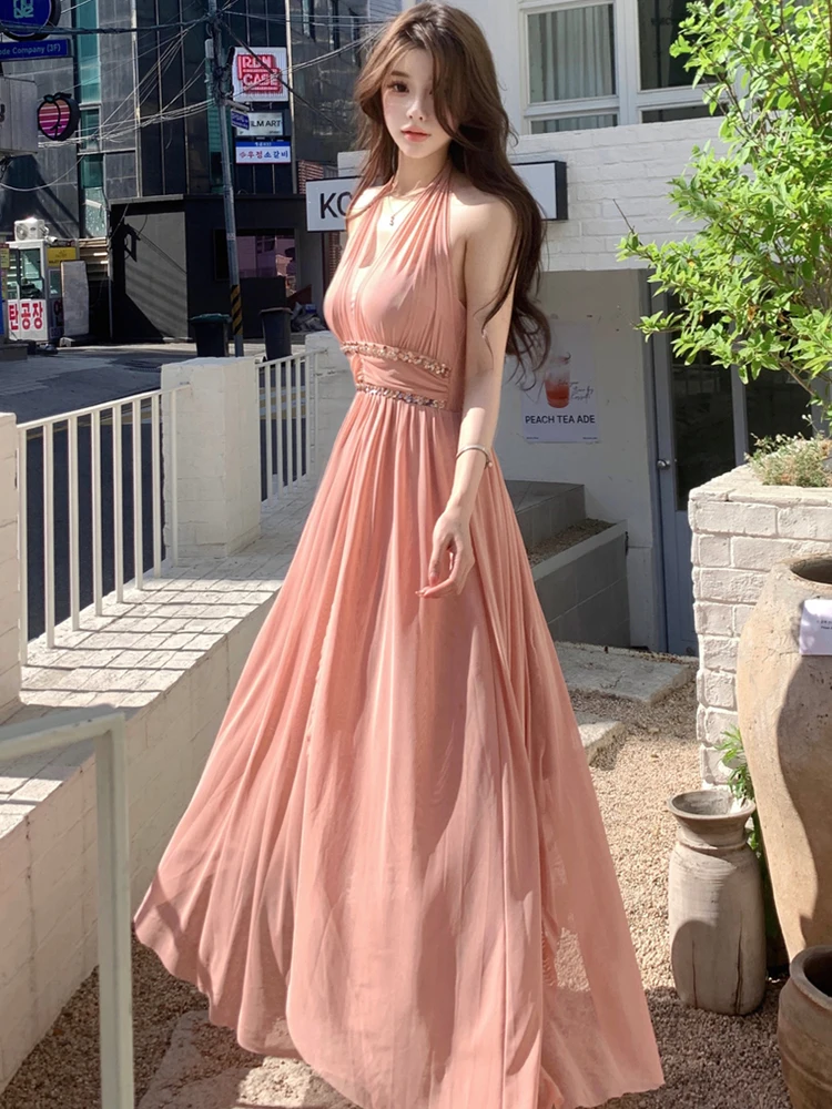 Damska Różowa Elegancka Sukienka Maxi z Cekinami, Luksusowa, Seksowna, Letnia, Elegancka, Codzienna, Koreańska Sukienka Wieczorowa w Stylu Vintage na Ramiączkach, 2025