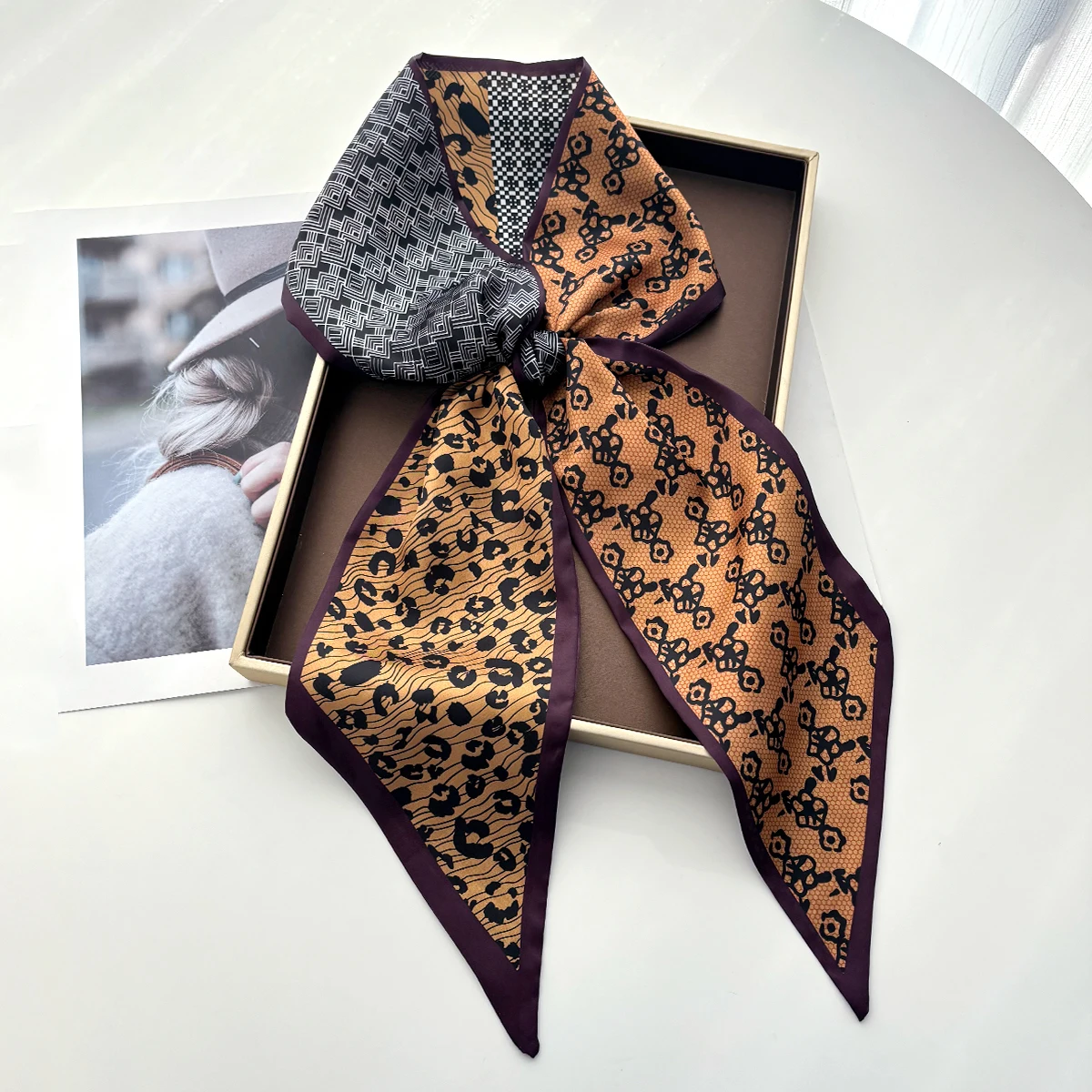 

Шарф-платок с леопардовым принтом для женщин, роскошная повязка для волос, мягкая шелковая лента, бантик для шеи, дизайнерский ремень для сумки, повседневный аксессуар