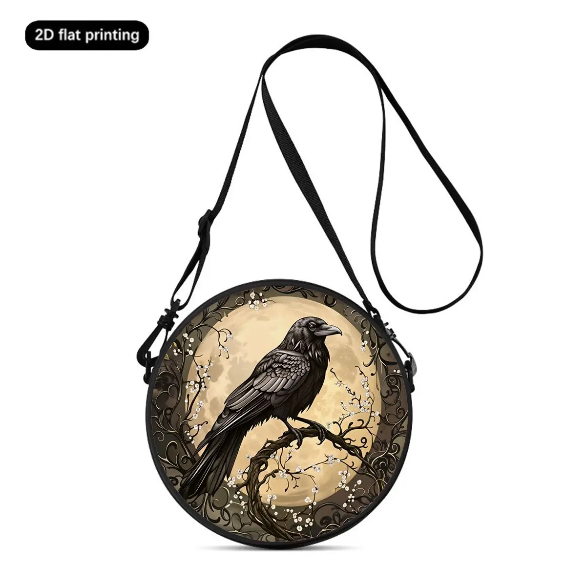 Image of Runde Umhängetasche mit Krähen-Print, lässige Messenger-Tasche für Damen, beste Geschenke, 2D flache, lässige Alltags-Umhängetasche