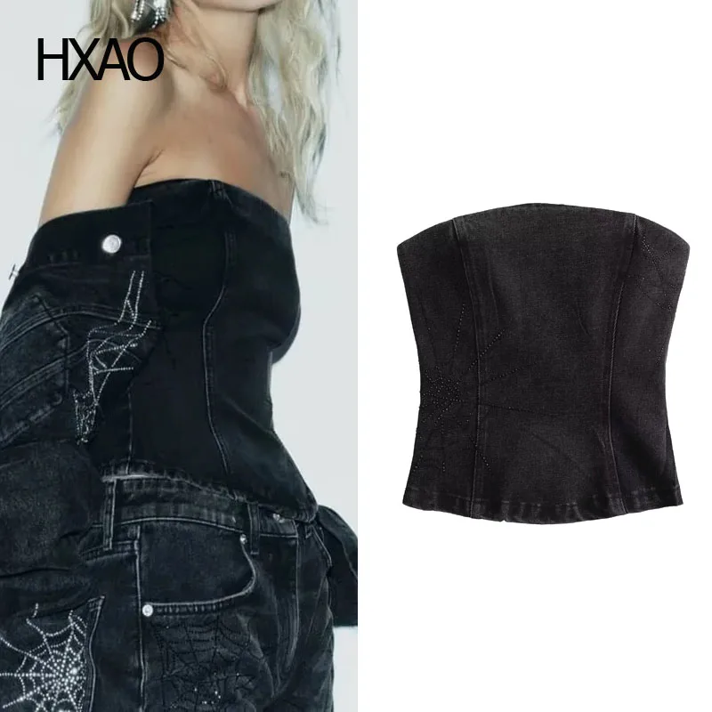 

HXAO Top Denim for Women Corset Black Rrivet Strapless Denim Vest Fashion Demi-Season Sleeveless Cropped Vest Female Sexy Tops