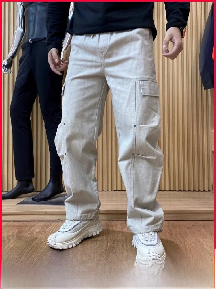 

Heavyweight American Retro Workwear Pants Curved Knife Casual Straight Leg Trousers with Patchwork Slim Fit Leisure Pants