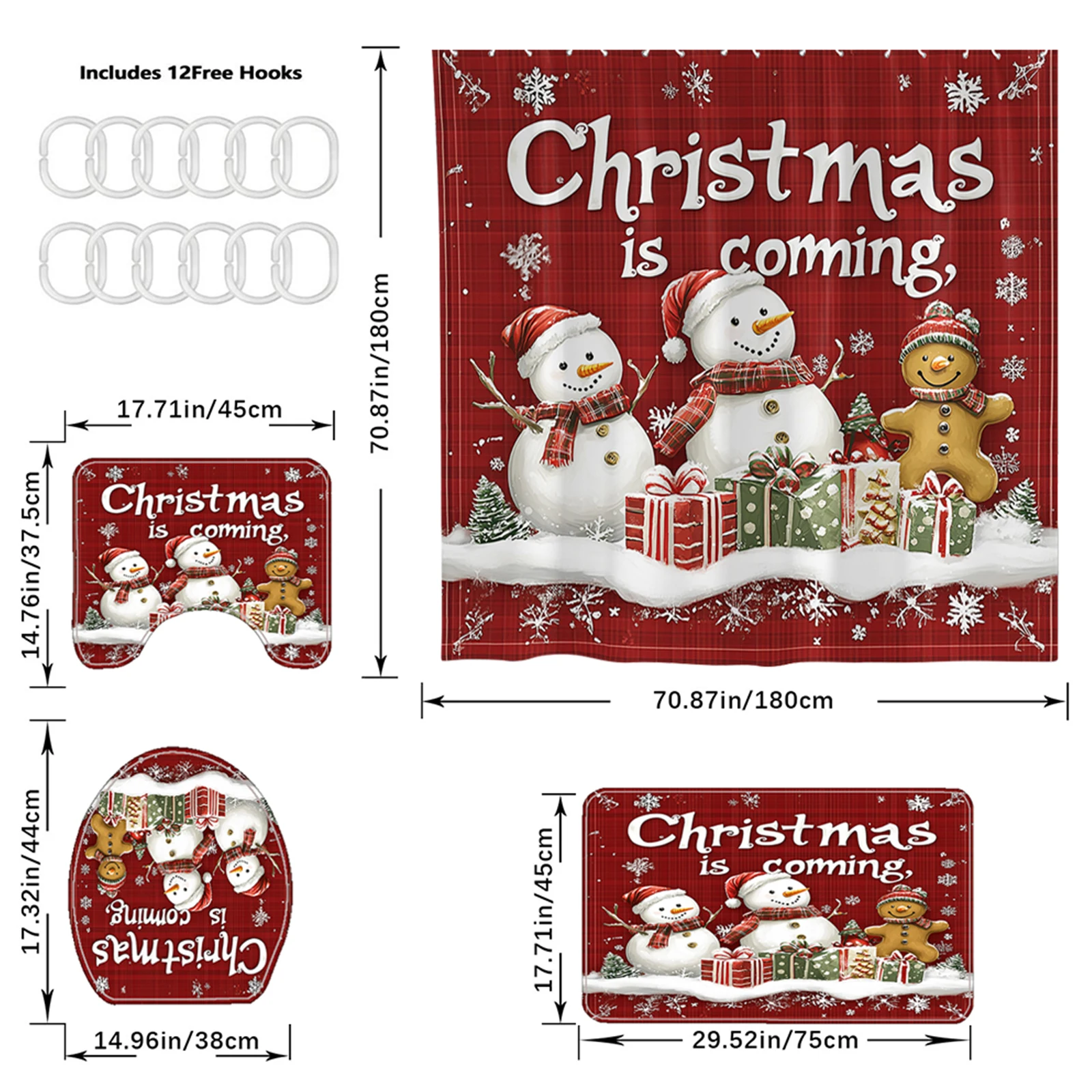 4 قطع عيد الميلاد دش الستار مجموعة سانتا كلوز المطبوعة ستارة مقاومة للماء مع البساط غطاء المرحاض غطاء حمام حصيرة لديكور السنة الجديدة #5