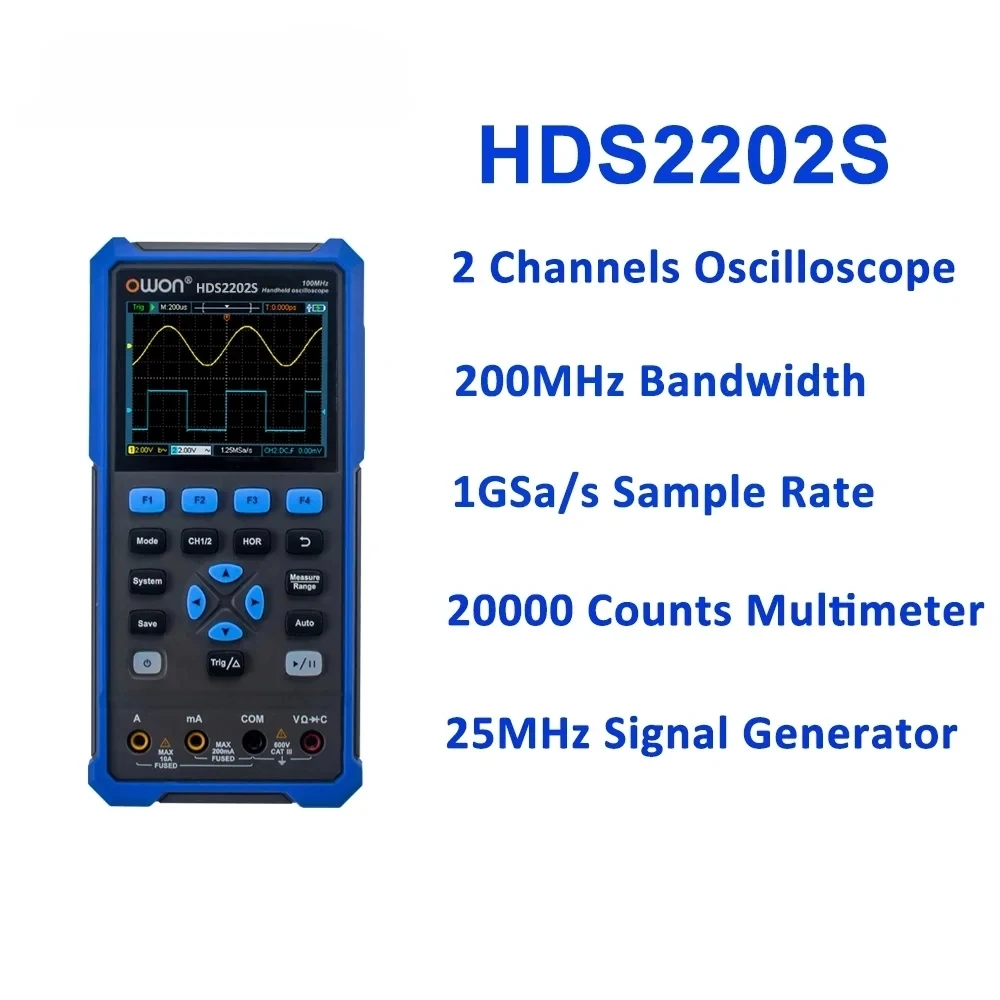 2CH HDS2202S 200MHz 1GSa/s Handheld Oscilloscope Multimeter 25MHz Waveform Signal Generator 3.5inch USB True RMS Test Tool