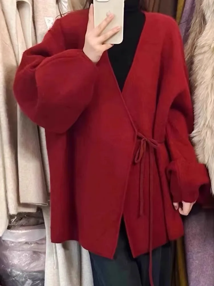 Damen gestrickte offene Strickjacke mit Gürteldesign Laterne Sve Frühling Herbst Faionable Casual Sle Korean Loose Fit Long Sve