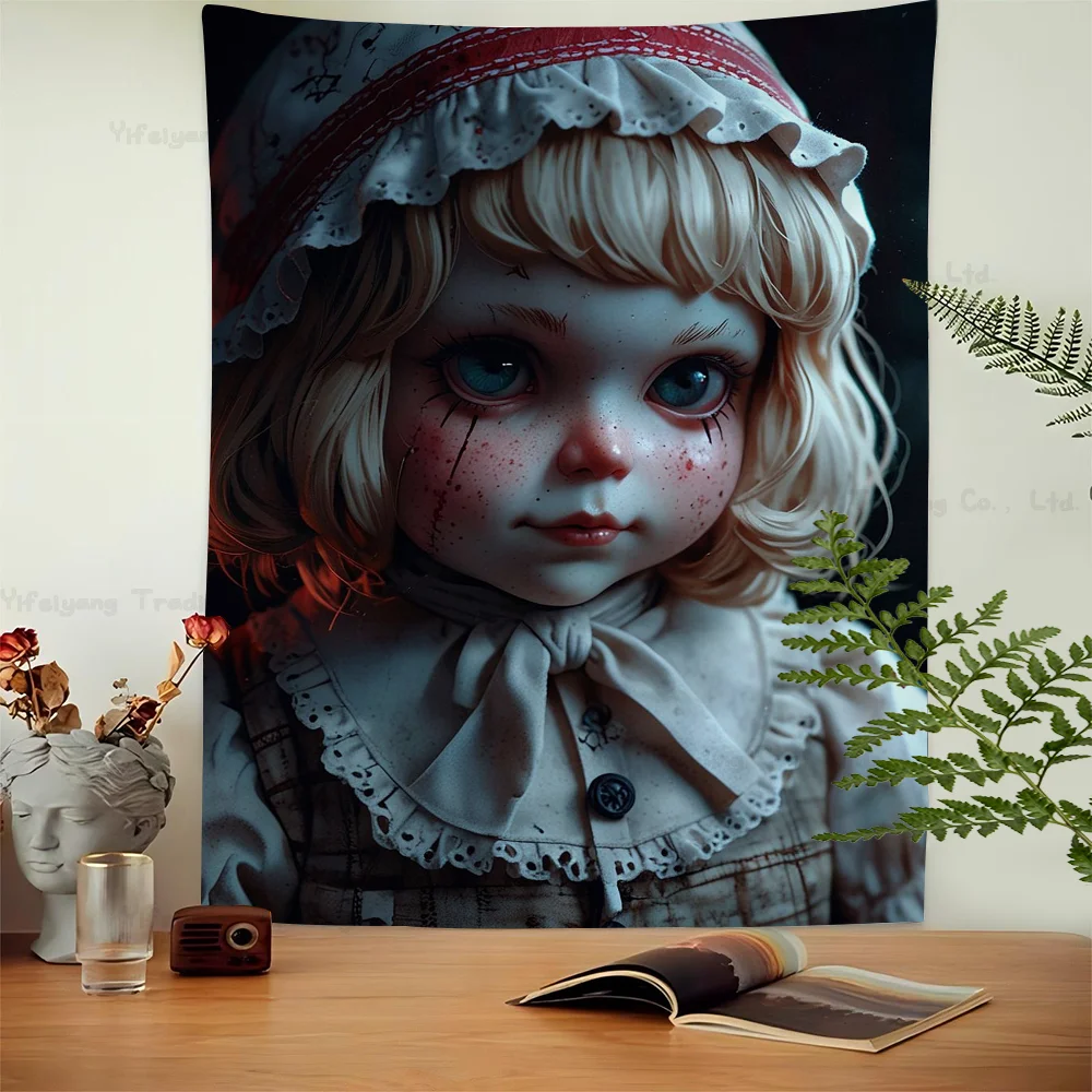 Horror Spooky Weird Little Girl Dolls Cartoon Tapestry Art Science Fiction Room Home Decor Wall Hanging Home Decor