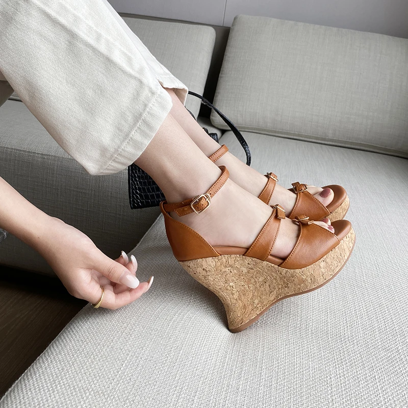 2026 new summer women sandalsnatural leather 22-25cm cowhide+pigskin open toe ankle-buckle wedges high heel women shoes fashion