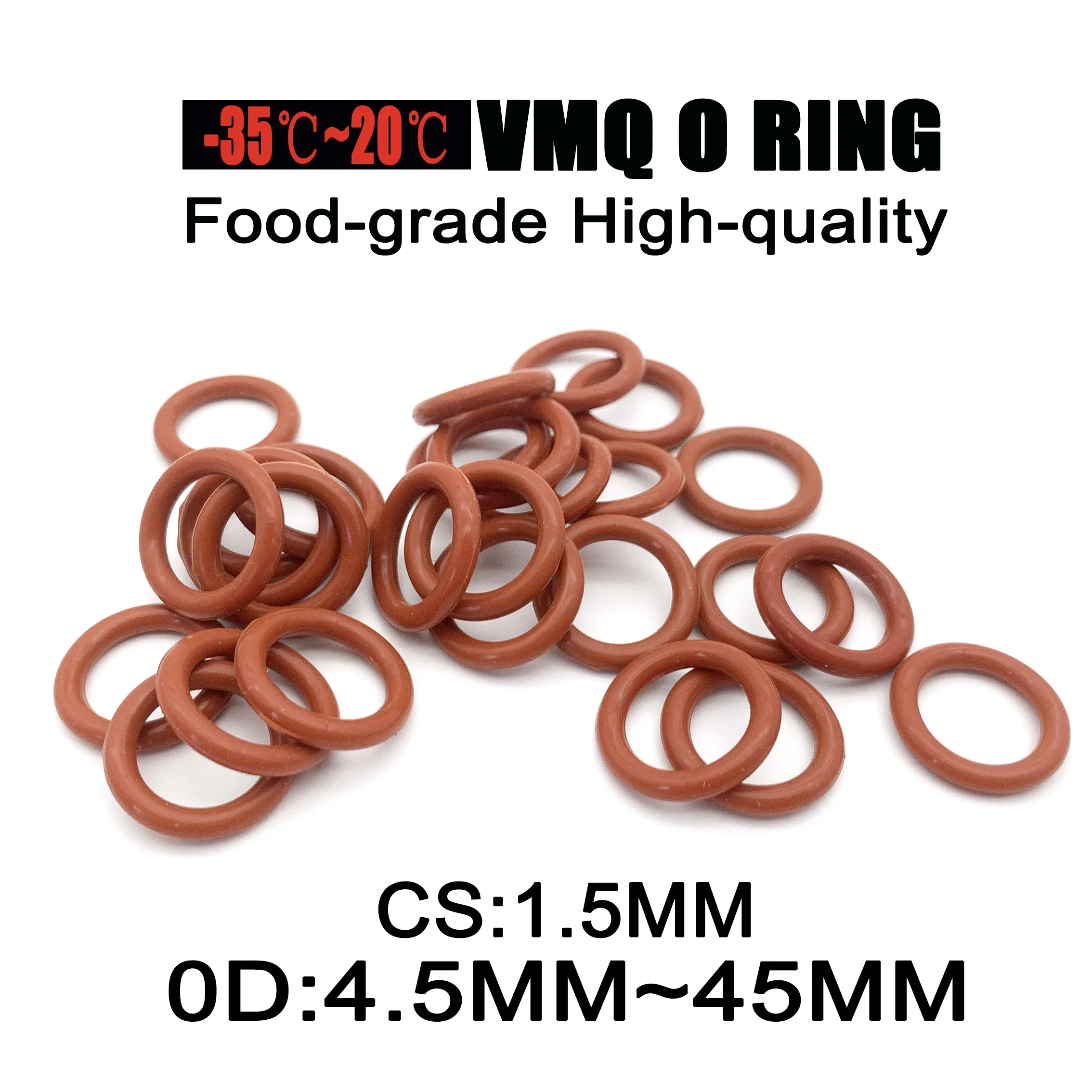 20 Pcs CS 1.5mm OD 4.5mm-45mm Red Silicone VMQ Seals Food Grade Waterproof High Temperature Resistant environmental protection