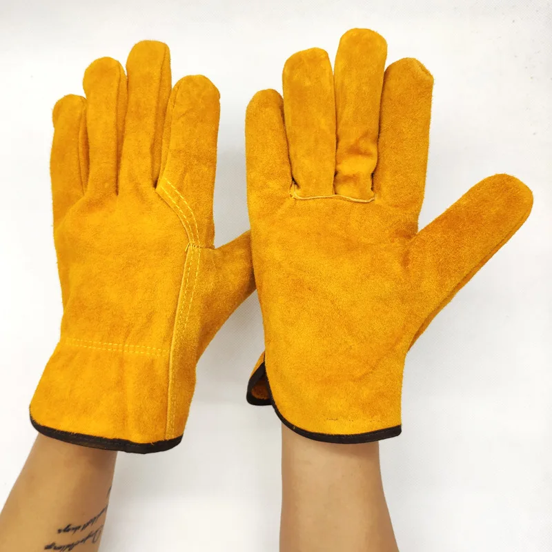 Guantes de trabajo de cuero de vaca para hombre y mujer, manoplas cálidas de Cachemira a prueba de viento, protección de seguridad, 200g