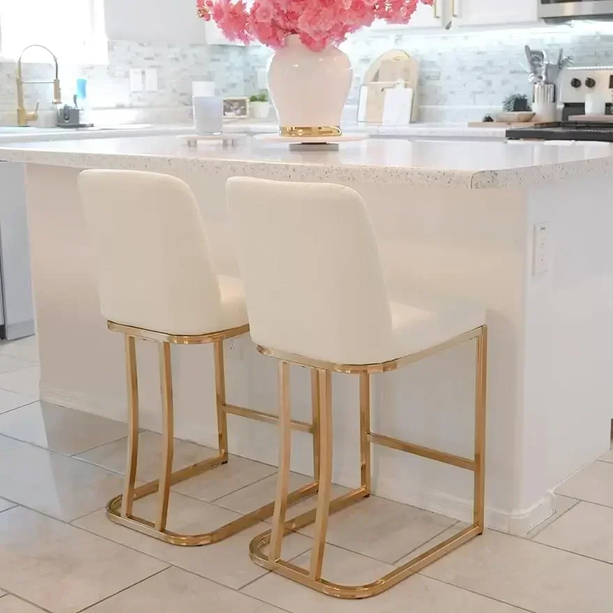 ARTS-Modern Upholstered Bar Stools, White and Gold,  Stools with Backs, Set of 2 for Kitchen Counter, 24 in