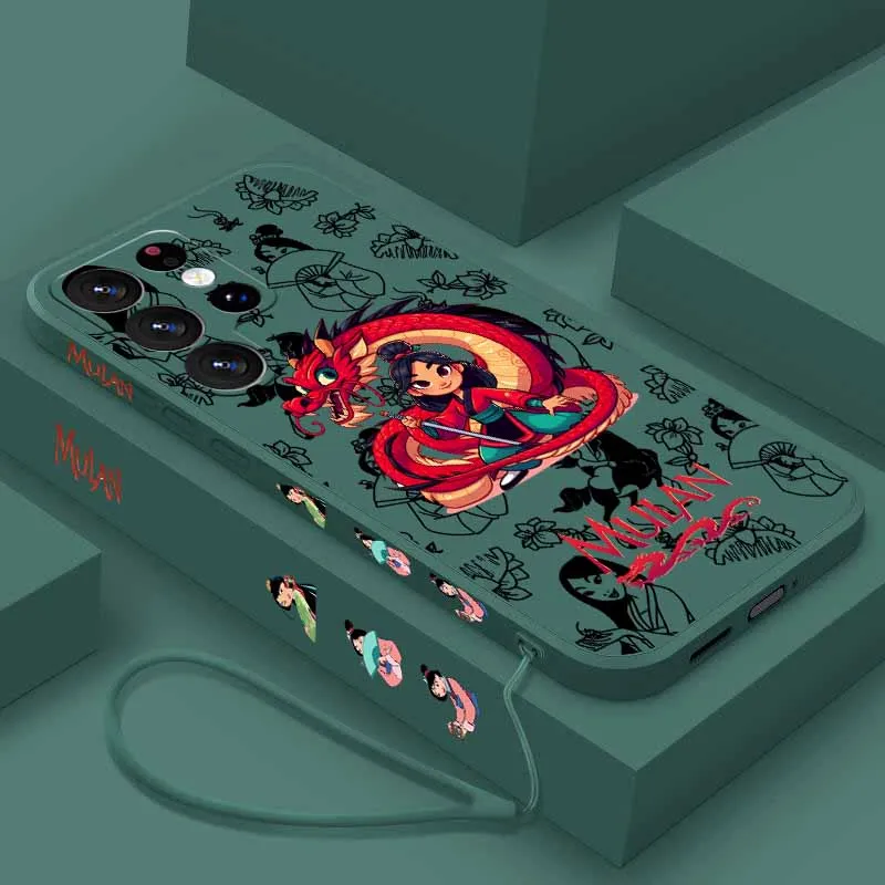 Funda de teléfono Disney Cute Mulan Mushu para Samsung S26 S25 Edge S24 S23 S22 S21 S20 Ultra Plus Lite Liquid Left Rope