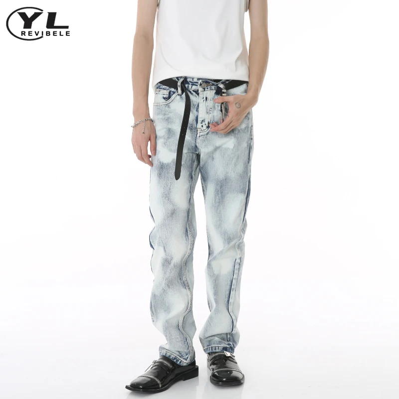 Korea Straight Jeans Man Hip Hop Gothic Tie-dye Retro Cowboy Pants High Street Fashion Male Harajuku Wide Leg Denim Trousers New