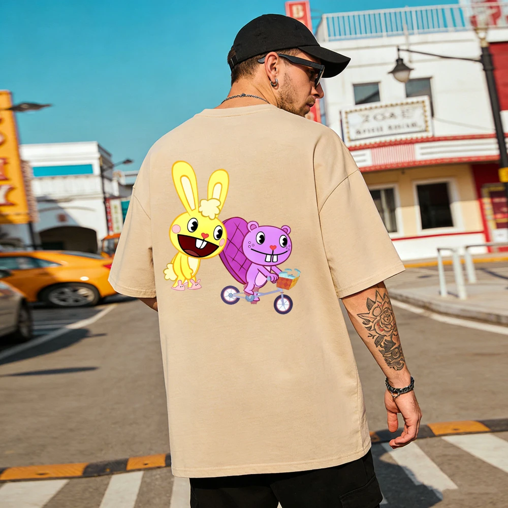 Happy Tree Friends Cuddles & Toothy Fahrrad-Print T-Shirt für Männer und Frauen Trendige Streetwear Baumwoll-Tops Niedliches Cartoon-Grafik Geschenk-T-Shirt