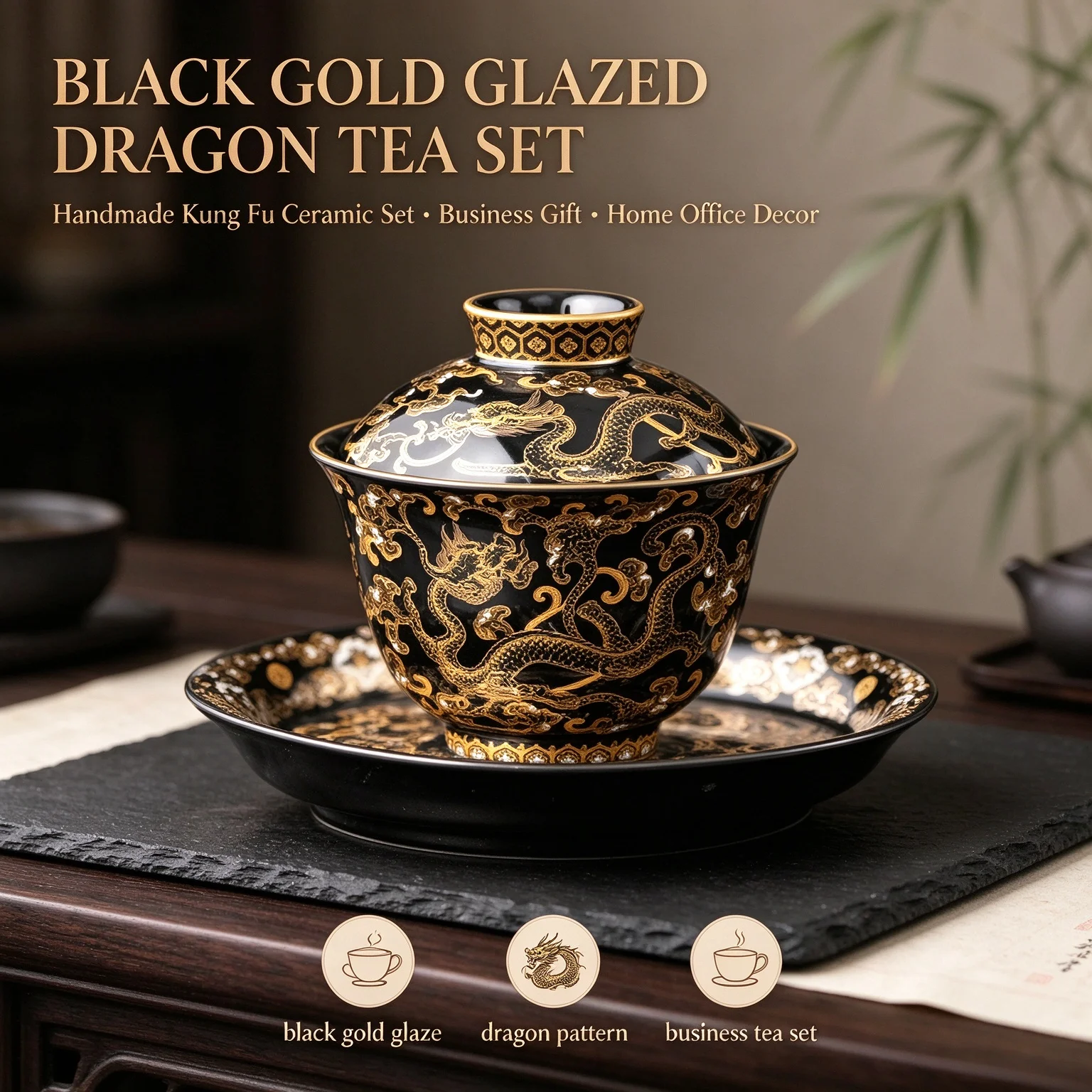 Black Gold Glazed Dragon Patterns Kung Fu Ceramic Tea Sets Handmade Gongfu Teas for Business Elders Home Office Decor