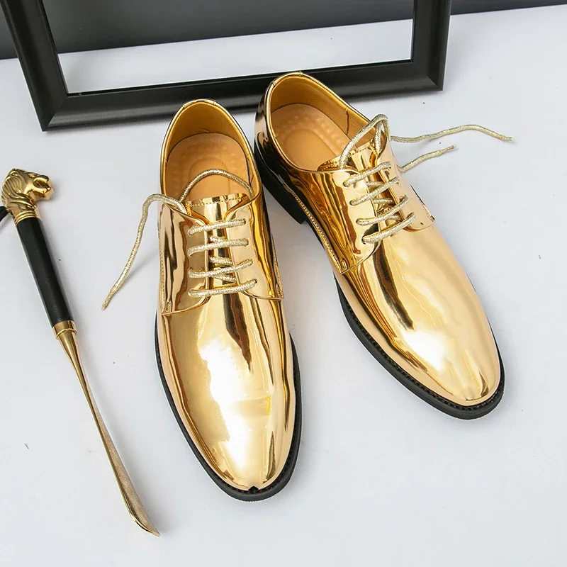

Лидер продаж, золотистые свадебные кожаные туфли, мужские деловые туфли, большие размеры 50, мужские модельные туфли с острым носком, мужские туфли для вечеринок с острым носком