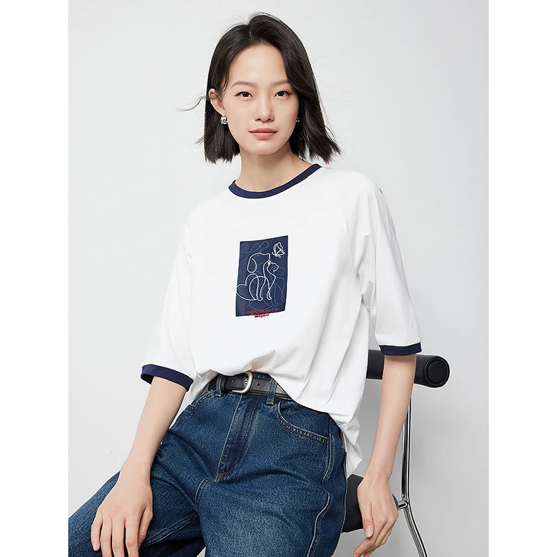 TOYOUTH Women T-shirt 2024 Autumn New Contrasting Color Edge Half Sleeve Round Neck Pure Cotton Pullover Tops