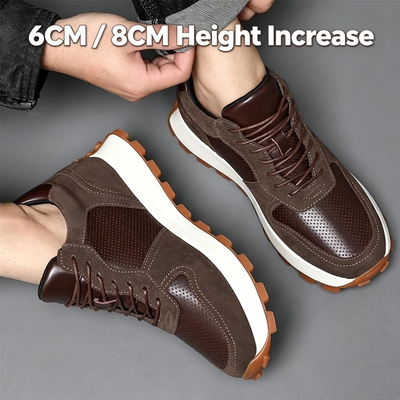 Vintage Patchwork Suede Leather Men Elevator Shoes 6CM 8CM Hidden Height Boost Breathable Non Slip Casual Running Sneakers